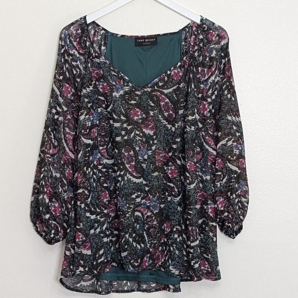 Lane Bryant Blouse Green Paisley Long Sleeve Classic V Neck Shimmer Size 16